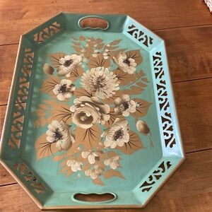 In great vintage condition 1959 hand painted mint green and gold tray .